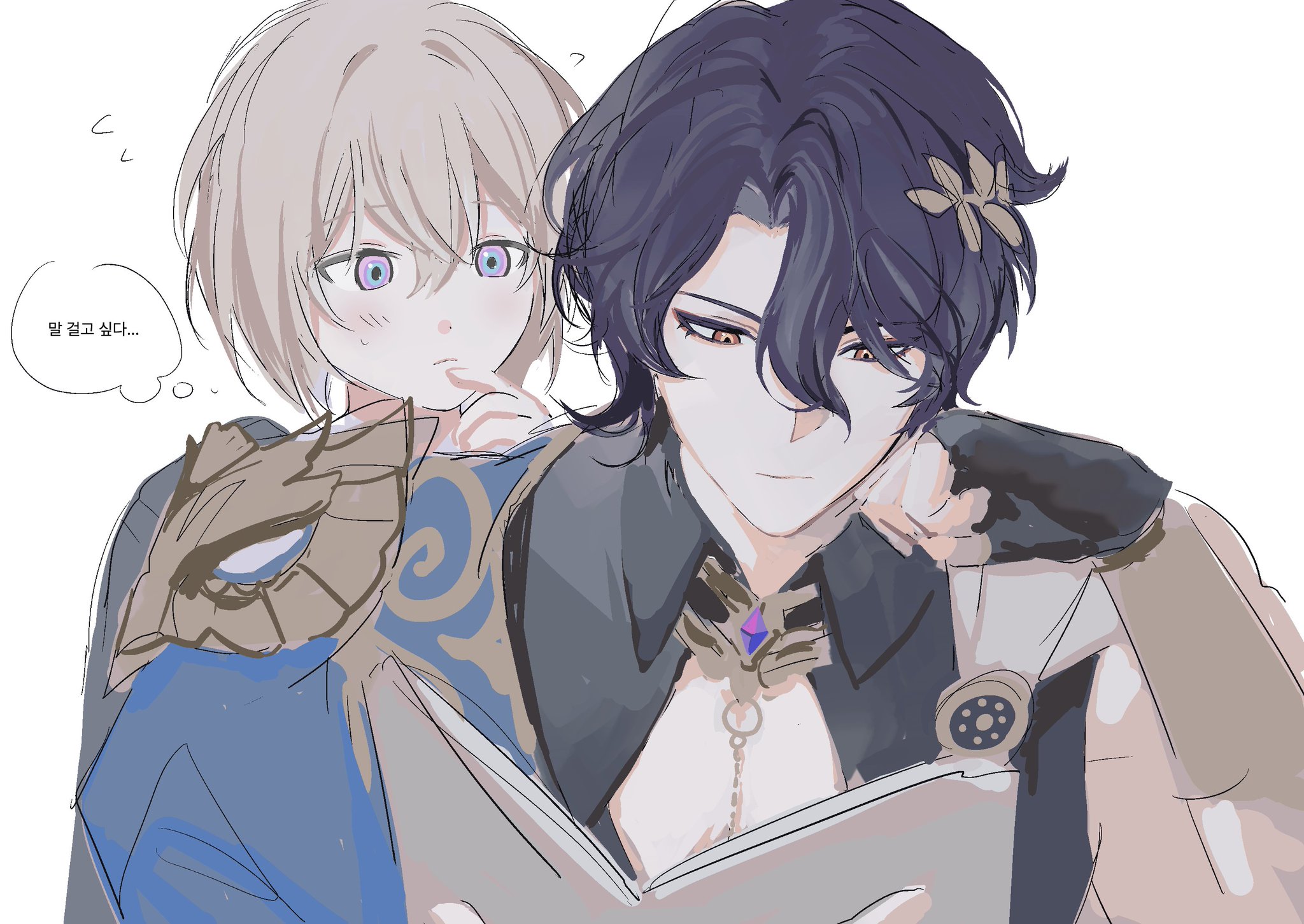 this is a digital illustration of two anime boys. the boy on the left is blonde with purple eyes and a smile. he is wearing a blue and gold outfit. he is leaning on the shoulder of the boy on the right. the boy on the right has purple hair and purple eyes. he is wearing a white shirt, dark jacket, and a gold chain with a purple gem. he has a flower in his hair. they are both looking at a book that is in between them. the background is white.