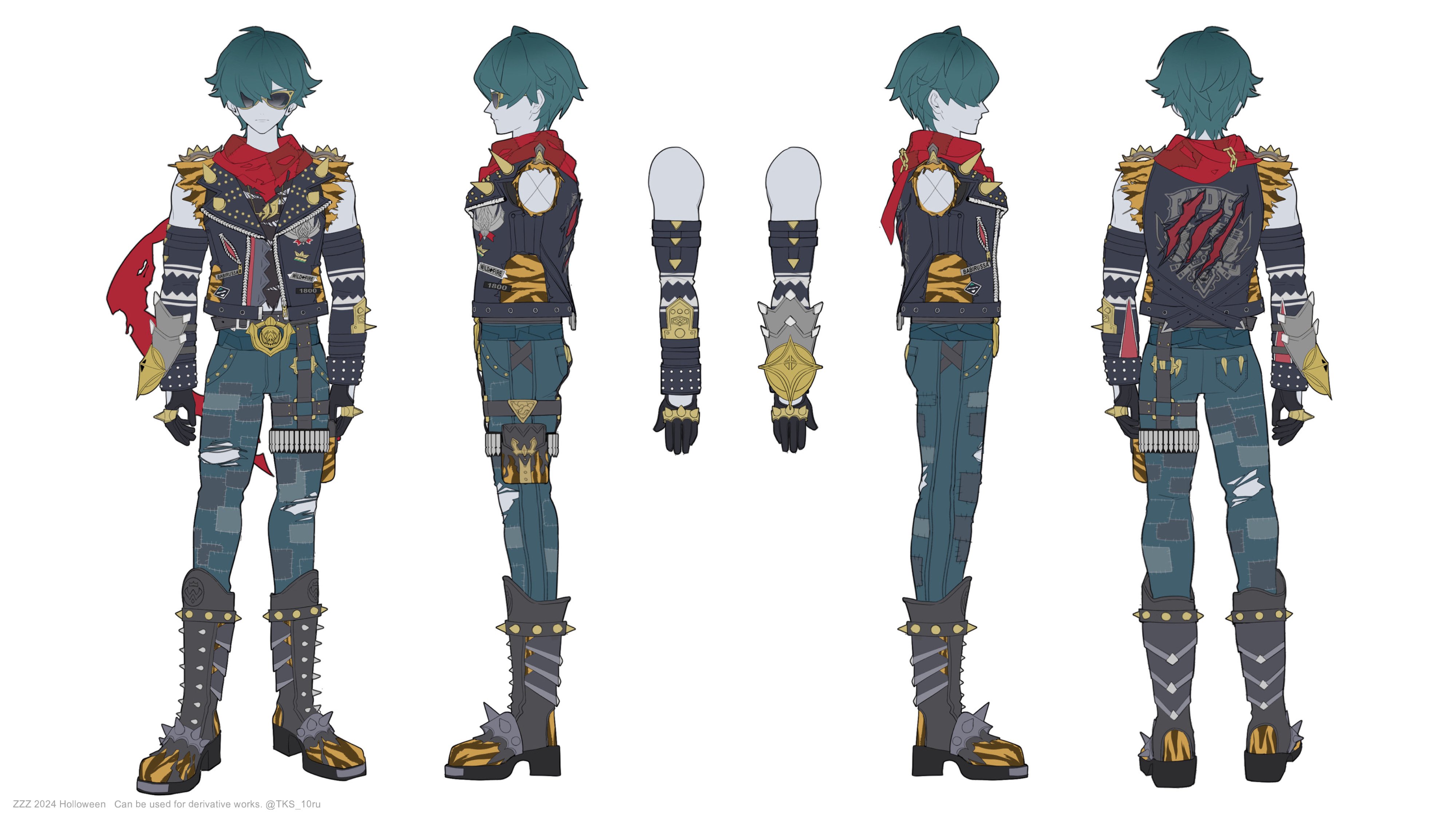 this image showcases a detailed character design for a male character in a punkrock/bikerinspired halloween costume. the design is presented in a multiangle view, including front, back, and side profiles, along with closeups of specific accessories like the gloves and boots. the costume incorporates tiger print elements, studded leather jackets, ripped jeans, and heavy boots.  the artwork is clean, consistent and rendered in a style reminiscent of anime or manga character design. the bottom of the image contains small text stating the copyright and usage information.