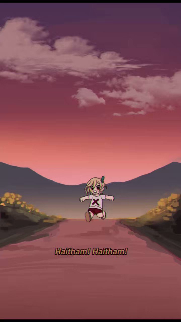 a cartoon anime girl with short blonde hair is running down a path in a grassy field. the sky is a sunset gradient of pink and purple with white clouds. the mountains in the background are a deep green color. the girl is wearing a white shirt with a red x on it and red shorts. she is also wearing green shoes. she has a small green bow in her hair. the image is drawn in a digital art style. the text "haitham! haitham!" is written at the bottom of the image.