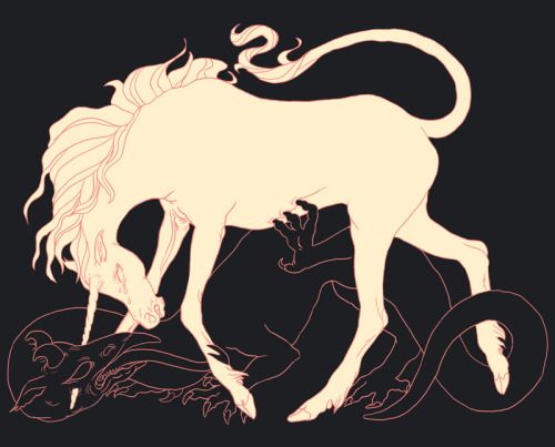 a line art illustration features a pale colored unicorn standing over a defeated dragon against a dark background. the unicorn is in profile, head lowered as if surveying its foe, and the dragon is outlined, lying prone beneath the unicorn. the image has a surreal and mythical feel.