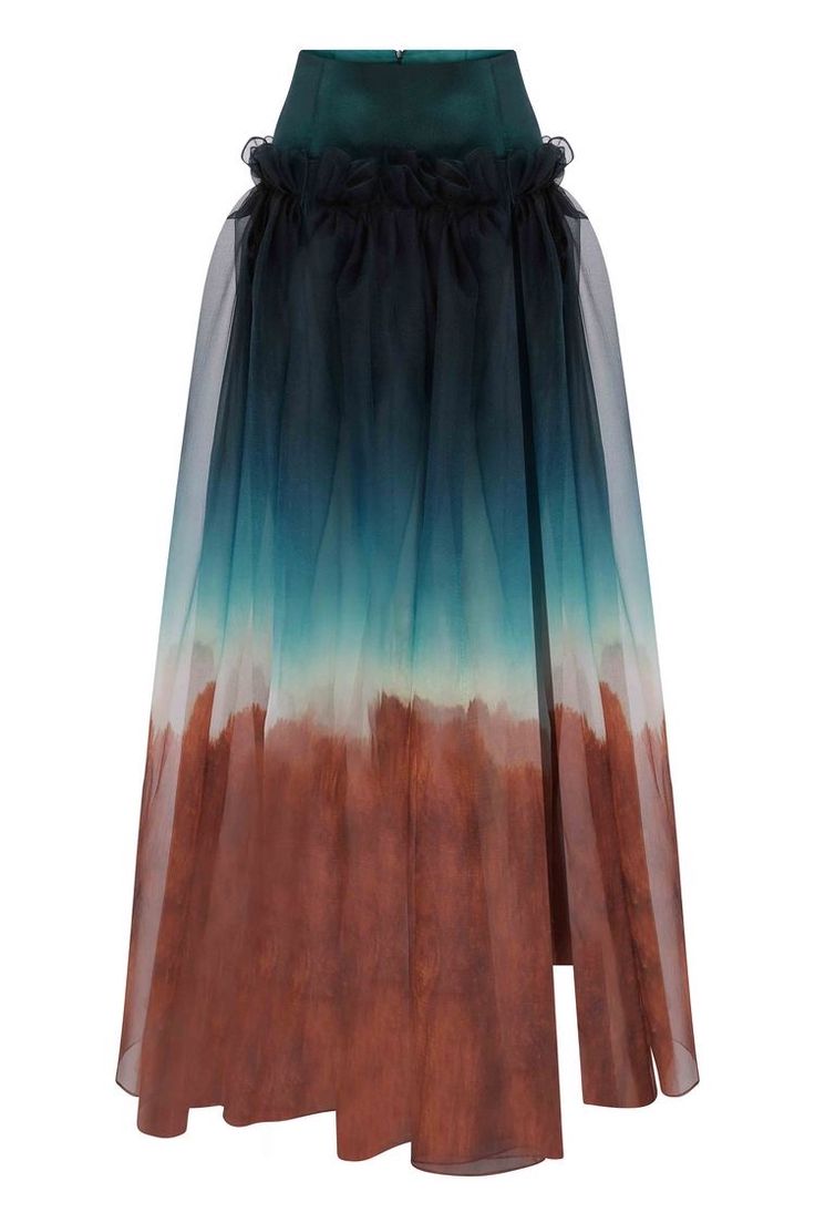 a fulllength skirt with a highwaisted design and aline silhouette is displayed on a white background. the skirt features an ombre effect, transitioning from a dark green at the waist to black, teal, and finally a brown, sandy color at the hem. the waistline has a ruffled detail, and the skirt appears to be made of tulle, giving it a sheer, flowing appearance.