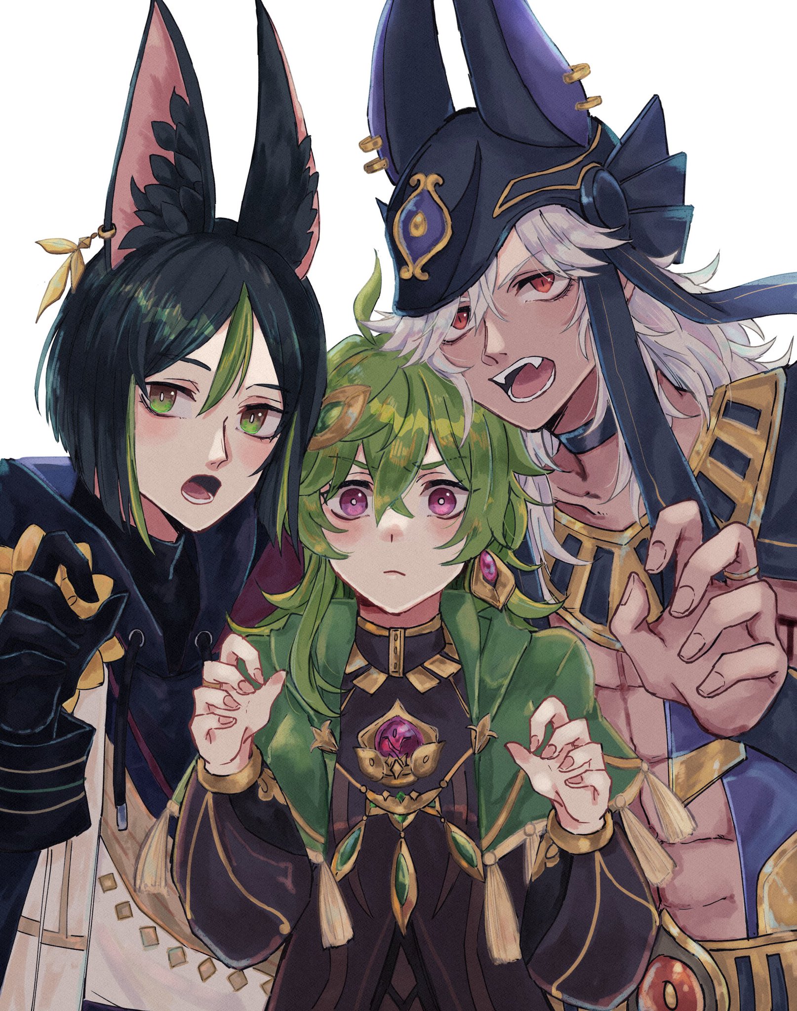 the image is a colorful anime illustration of three friends posing together, two female characters standing on the left, and one male character standing on the right. the female character on the far left has long black hair,  long black ears, and is wearing a black and white outfit. her eyes are green, and she is smiling with a slightly surprised expression.  the female character in the middle has long green hair and green eyes and is wearing a green and purple outfit.  she is looking at the viewer with a thoughtful expression.  the male character on the right has long white hair and blue eyes. he is wearing a blue headdress with a gold trim and is wearing a dark blue and gold outfit. he is smiling with an open mouth,  showing his teeth and seems to be amused at something.