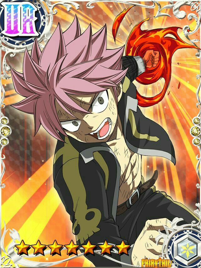 this is a digital art illustration of natsu dragneel from fairy tail, a popular anime and manga series. he is depicted in a fierce fighting pose, with his fire magic emanating from his right arm, his eyes wide with determination.  he is wearing his signature black and yellow outfit, with a skull design on his right shoulder. the background is a swirl of fire and yellow, with an orange sky. this image captures the essence of natsu's fiery personality and his strength as a dragon slayer.