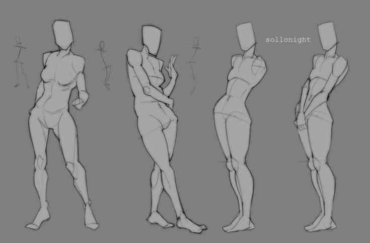 the image showcases four different sketches of female figures, drawn in a simplified, stylized manner.  the artist, identified as "solonight," has depicted the figures with blocklike head shapes to emphasize form and pose. each figure displays a unique posture, presenting varying perspectives on the female form and showcasing different positions of the limbs. the style is loose and expressive, focusing more on the overall shape and gesture of the figures rather than precise anatomical detail. the sketches are in grayscale, providing a clean and easily readable reference for artists studying anatomy or developing character designs.