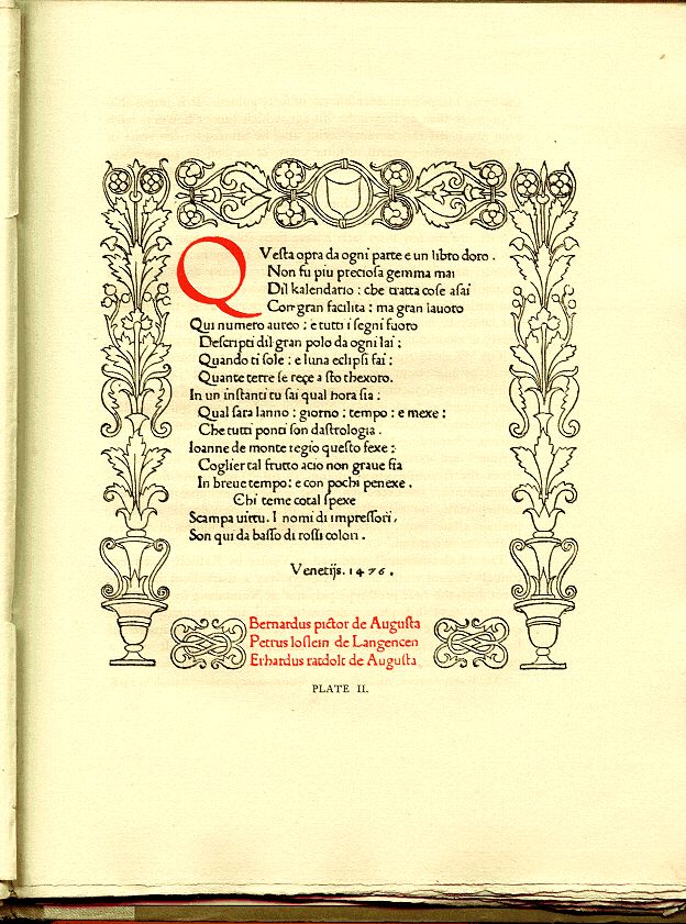 this image is from an old book, possibly from the renaissance era, and is written in the italian language. the page is decorated with intricate, ornate lettering and borders. the text is a poem with a capital q that is decorated with elaborate scrolls and vines. the page is titled "plate ii" and includes the names of the printers. the page is aged and yellowed with time.