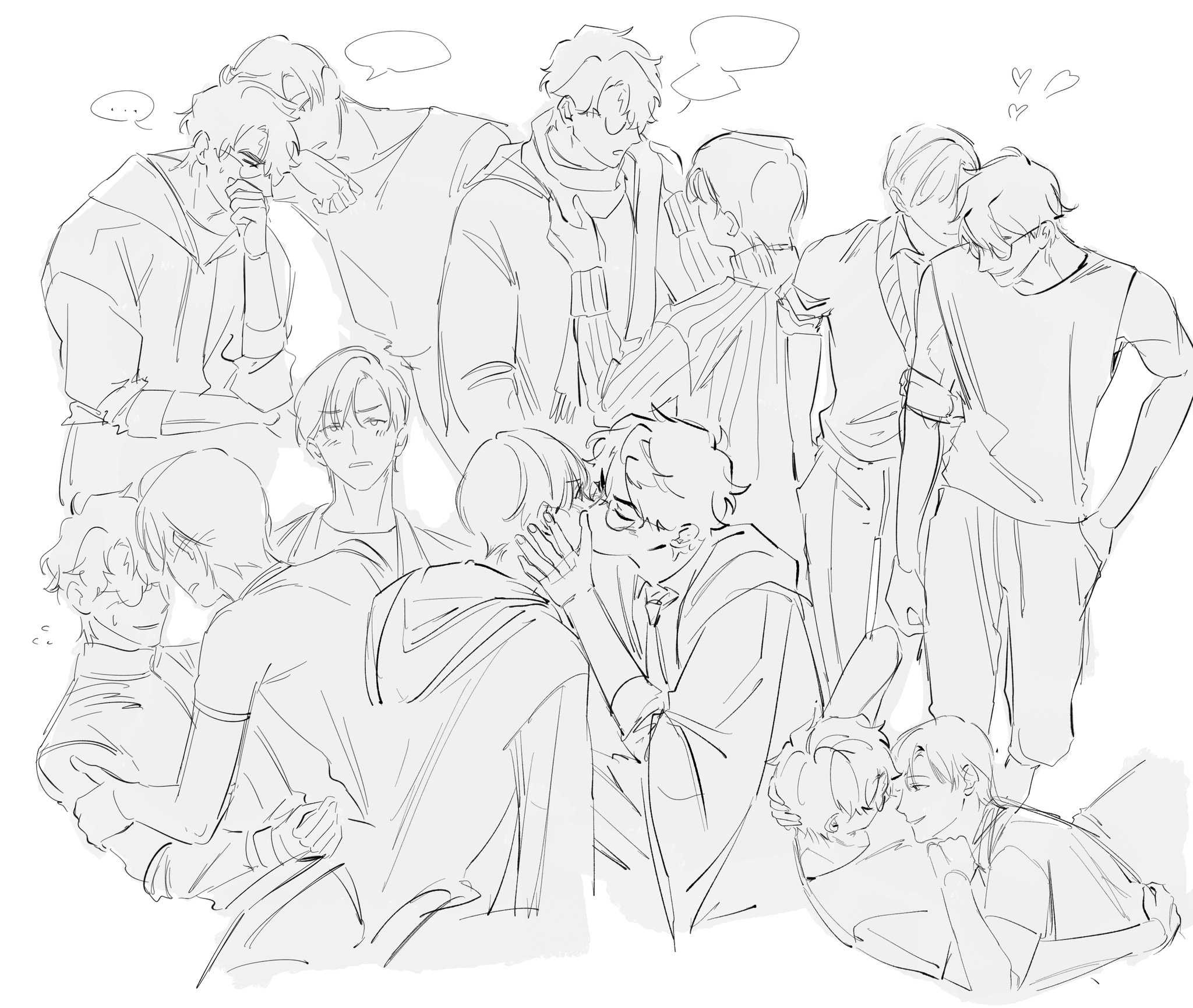 the image is a dynamic sketch or drawing featuring a large group of young men, possibly fanart in an anime or manga style. they are depicted in various poses, primarily hugging, embracing, and showing close physical affection with each other. the style is loose and expressive, focusing on capturing the emotional intimacy of the scene rather than precise detail. the lines are fluid and suggestive, creating a sense of movement and energy. the overall mood is one of warmth and closeness. the characters' expressions are mostly soft and contemplative. the scene lacks background details, keeping the focus entirely on the characters' interactions.