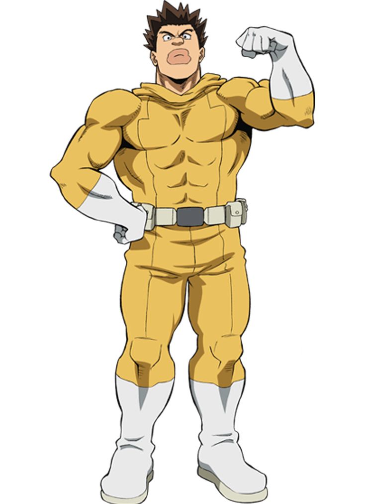 this is an anime illustration of a male character with muscular build, wearing a yellow costume with white boots and gloves. he has brown hair and is standing in a confident pose. the character is a hero with a powerful and determined look.