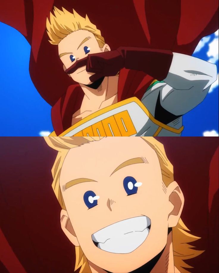 the image is from the popular anime series my hero academia and shows the character of "mirio togata" also known as "lemillion" in his hero costume. he is smiling with confidence and determination as he stands ready to face any challenge.