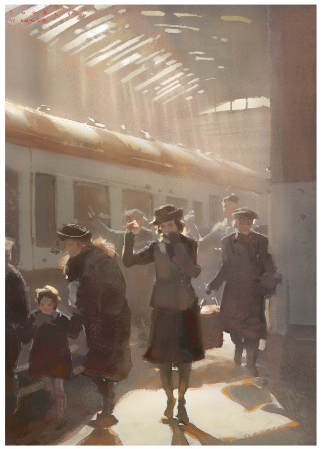 the painting depicts a scene at a train station, possibly during the 1940s, based on the clothing styles. sunlight streams through the high roof of the station, illuminating a group of people waiting on the platform.  the scene is softly focused, giving it a dreamlike quality. women in hats and coats are prominent, some carrying luggage. a young child can be seen near the woman in brown. the overall mood is nostalgic and atmospheric, conveying a sense of travel, departure, and perhaps a hint of wartime uncertainty. the style is reminiscent of impressionism, with soft brushstrokes and a focus on capturing light and atmosphere rather than precise detail. the color palette is muted and warm, dominated by sepia tones and browns, which enhances the vintage feel.