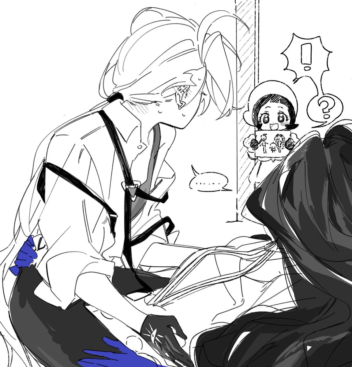 the image depicts a black and white sketch of a scene featuring two adults and a child. the child is holding a drawing and looking curiously at the adults. one adult is shown with long hair, kneeling and leaning towards the other, who is lying down and covered with a dark cloth. the image seems to depict a tender moment between the kneeling adult and the one lying down. the expressions suggest intimacy and affection. the child's presence adds a layer of intrigue to the scene, as their reaction to the adults' interaction is unclear.