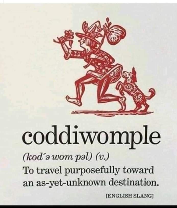 the image shows a vintage illustration paired with the definition of the word "coddiwomple." the illustration depicts a person wearing a hat and carrying a stick with a bundle on it, walking with a dog. the word "coddiwomple" is defined below, along with its phonetic transcription and part of speech, indicating it's english slang meaning "to travel purposefully toward an asyetunknown destination." the illustration is rendered in red ink, while the text is in black.
