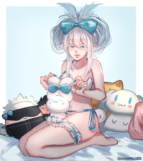 the image is a digital illustration of a young animestyle girl with long, white hair styled in buns, adorned with a large blue bow. she's wearing a light blue and white bikini and a lacy white garter belt. she's sitting on a bed surrounded by several cute, plush toys, including a prominent white bunny with a blue bow. the overall style is soft, pasteltoned, and gives a cute, relaxed atmosphere. the girl appears happy and content, playing with her plush toys. the background is a simple light blue, drawing attention to the girl and her surroundings.