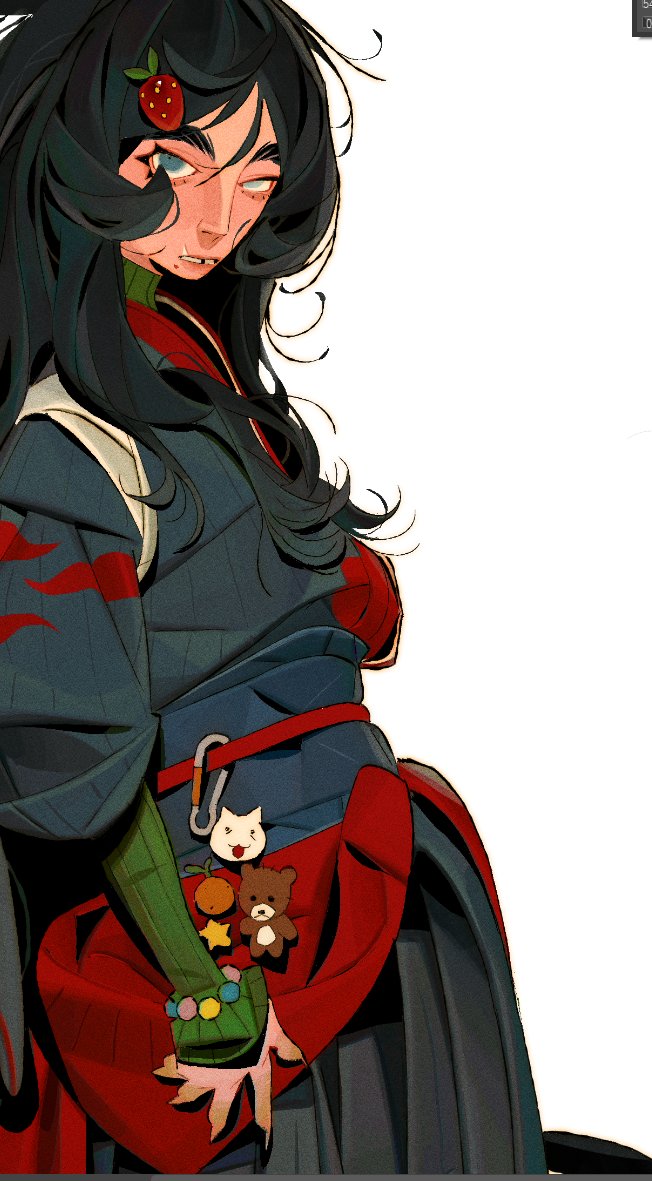 the image is a digital illustration or painting of a stylized animestyle female character. she has long, dark hair, partially obscuring her face.  she's wearing a dark bluegrey kimono with red accents and a red obi (sash). the kimono features stylized red flames on one sleeve. she has a small, almost mischievous expression, with one eye slightly open and the other slightly closed.  her hair is adorned with a small strawberry.  on her arm/kimono, there are several small, cute charms including a cat, bear, and a citrus fruit hanging from a clip. her outfit and accessories create a contrast of cute and slightly mysterious elements. the background is plain white. the style is visually appealing,  with a mix of sharp lines and softer shading.