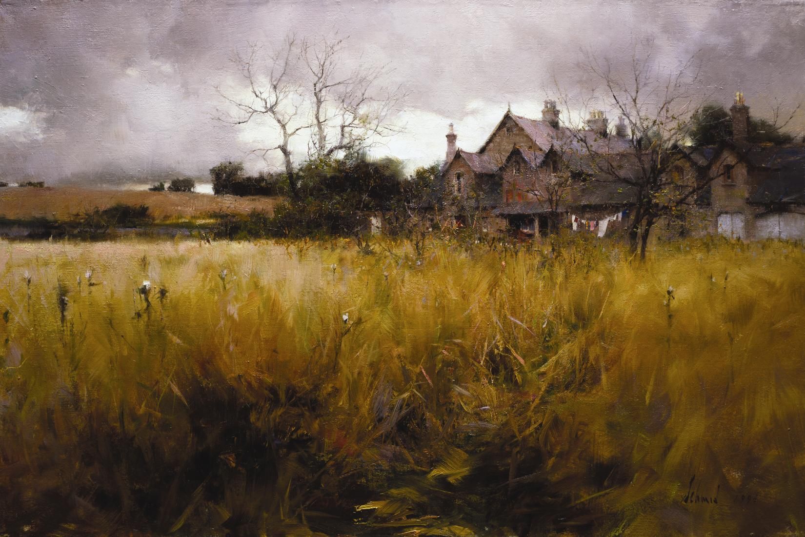 this is a landscape painting of a field and a house. the field is in the foreground and takes up most of the image. it appears to be late summer or early fall, as the grass and weeds have turned shades of yellow and brown. there are a few thistles scattered throughout the field. the house is in the background, slightly to the right of center. it is a twostory house with a steep roof and several chimneys. there are trees on either side of the house, and clothes are hanging on a clothesline in the backyard. the sky is overcast, and the overall feeling of the painting is one of peace and tranquility.