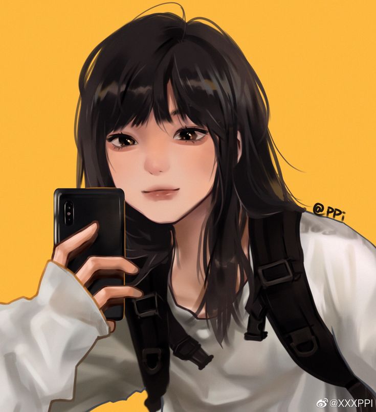 an anime girl with black hair, long bangs, and a white shirt smiles as she takes a selfie with her phone. she is wearing a black backpack, and the background is a solid yellow.  the girl has a cute look on her face.
