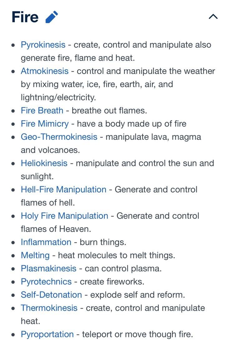 the image is a list of firerelated powers, detailing different abilities and their specific functions. the powers include creating, controlling, and manipulating fire, weather, lava, magma, the sun, and even flames of heaven and hell. other powers mentioned include creating fireworks, selfdetonation, teleportation through fire, and manipulating heat.