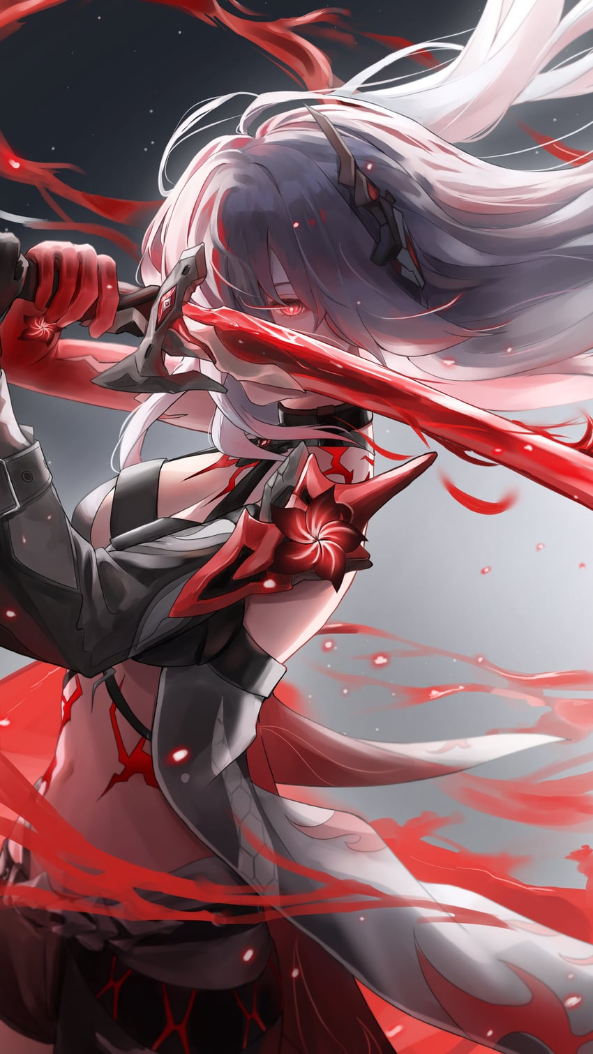 a female anime character with long white hair and red eyes, dressed in a black and red outfit, is depicted in a dynamic pose with a bloodstained sword held across her body. the background is dark and abstract with splashes of red, creating a sense of action and violence. the image is highly stylized and suggestive of a fantasy or action genre.