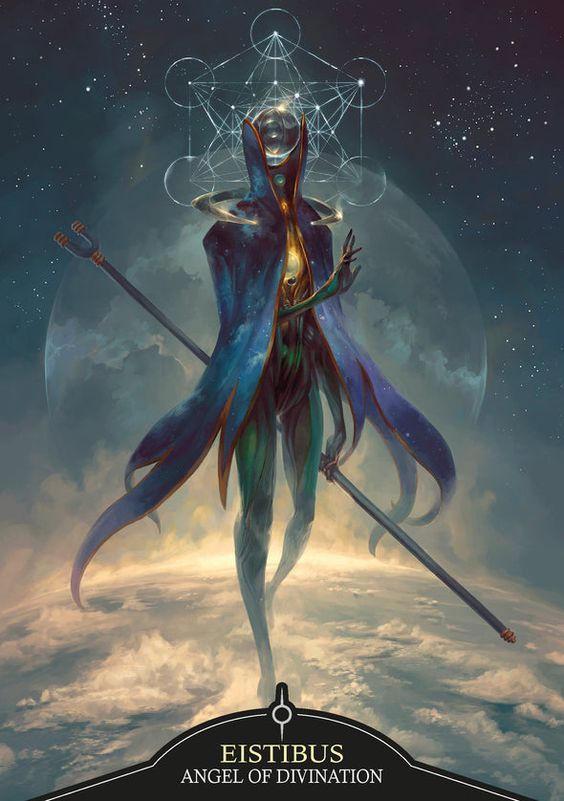 the image features a tall, slender, alienlike angel with green skin. the angel is adorned in a long, flowing blue robe with gold trim. they hold a long, thin staff in their right hand. the angel stands on a cloud with a blurred planet in the background. the overall color palette is cool and ethereal, with blues, greens, and purples dominating. the lighting is soft and diffused, creating a sense of mystery and wonder.