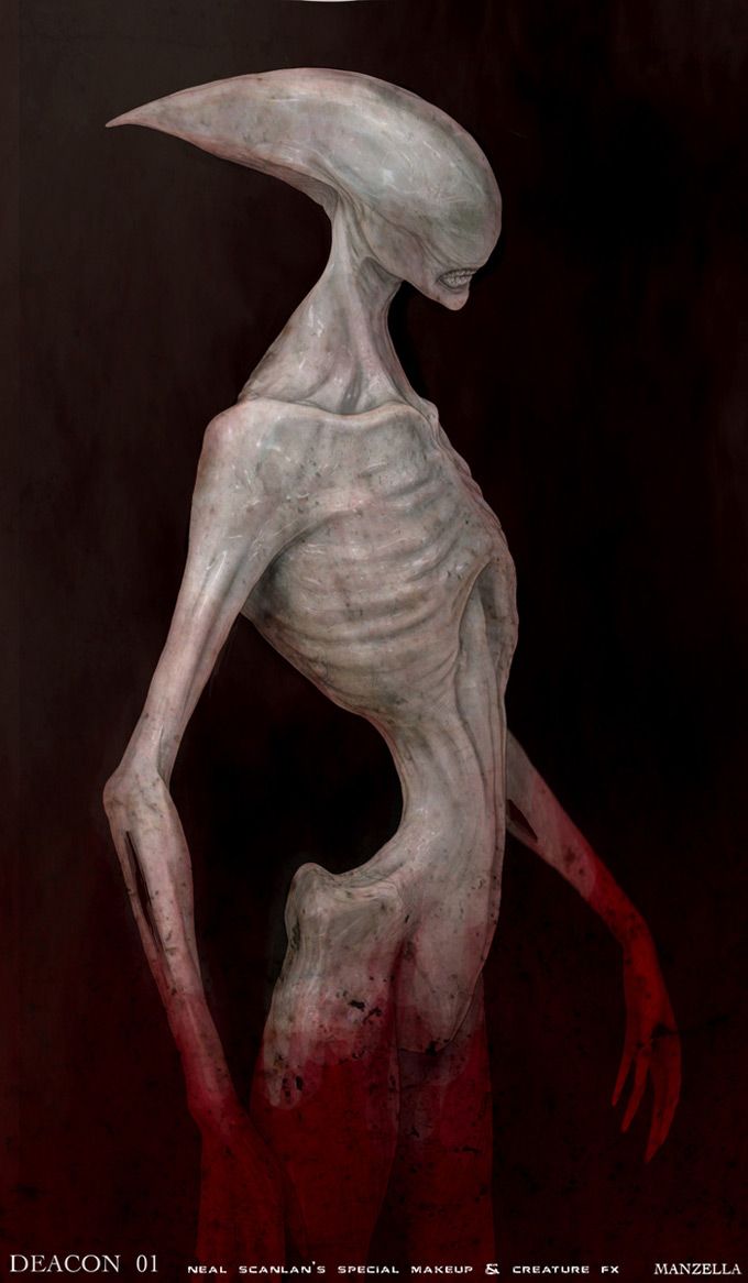this is a digital art depiction of an alienlike creature that is both grotesque and unsettling. it has a long, thin body with a small head and large, elongated arms. the creature's skin is pale and wrinkled, and its eyes are dark and piercing. it appears to be covered in blood, suggesting that it is either wounded or violent. the overall impression is one of fear and revulsion.