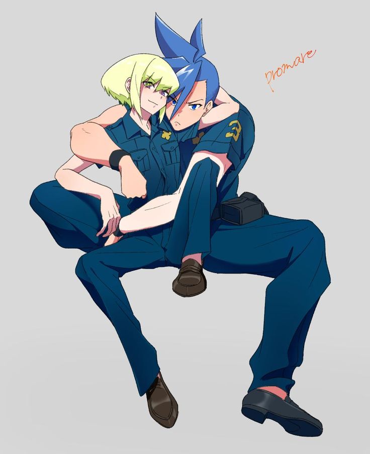the image is fanart depicting lio fotia and galo thymos from the anime promare in a close embrace.  both characters are in their police uniforms;  lio is sitting with galo perched on his lap.  lio has blonde hair and galo has blue spiky hair. the style is consistent with anime/manga aesthetics, featuring bold lines and vibrant colors. the overall mood is affectionate and intimate, suggesting a romantic relationship between the two characters. the art is digitally created, showing attention to detail in character design and clothing.  a signature ("dhomare") is visible in the upper right corner.
