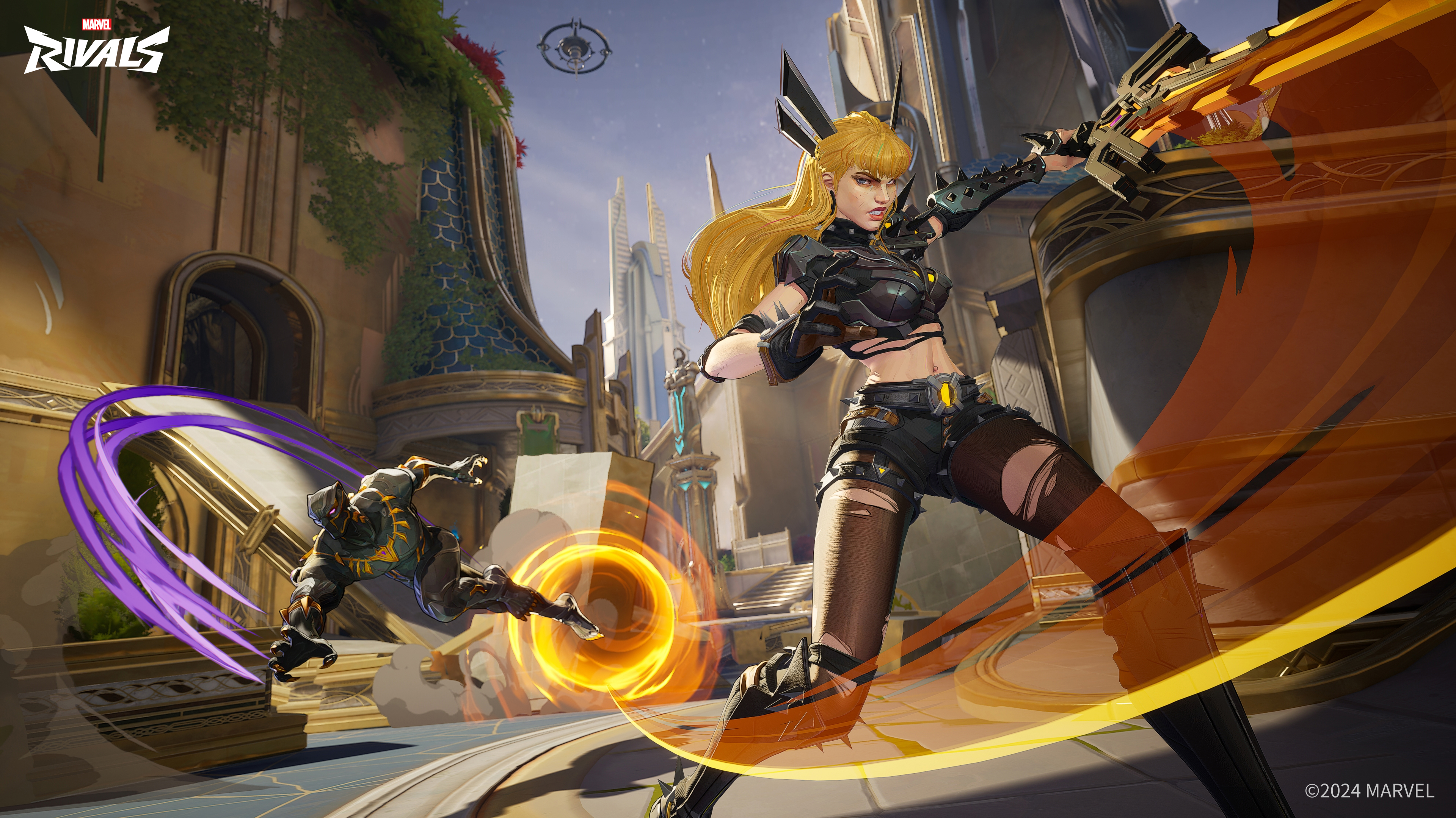 a promotional image for marvel rivals featuring a blondehaired female character in a futuristic outfit aiming a weapon, with energy effects emanating from it. black panther is also present in the image, leaping with purple energy trailing behind him. the background shows a futuristic city with diverse architectural styles. the marvel rivals logo is in the top left, and a copyright notice is in the bottom right corner.