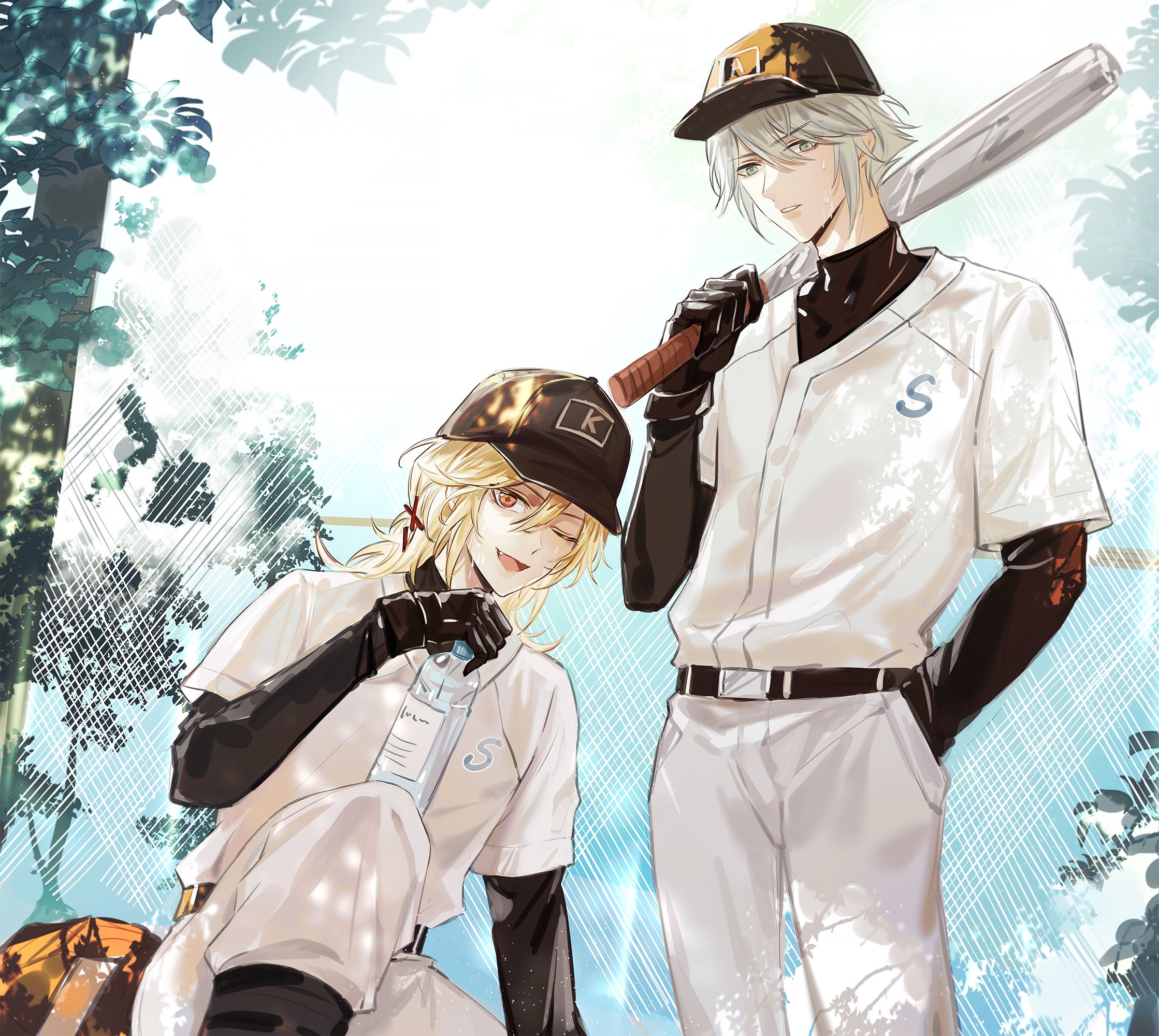 two anime boys in baseball uniforms are looking at each other.  one boy has blonde hair and is holding a water bottle. the other boy has silver hair and is holding a baseball bat over his shoulder. they both look happy and confident. the boys are drawn in a bright and colorful style, and the background is filled with a soft glow.