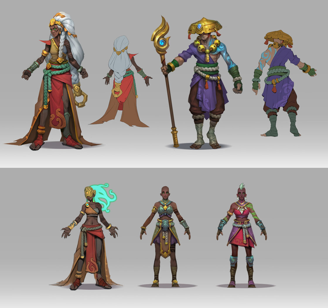 the image showcases a set of character designs for a video game, featuring various individuals with distinct appearances and roles. there are six characters in total, three women and three men. the female characters have different features, including braided hairstyles, face paint, and intricate tattoos, while the male characters exhibit distinct cultural influences, with one wearing a traditional african garb and another displaying asianinspired attire. the image reflects a fantasy setting, with characters wielding weapons like staffs, swords, and shields, and their attire is suggestive of diverse warrior, mage, and priest roles. the vibrant colors and intricate details of the characters, along with their diverse weaponry and attire, provide an immersive glimpse into the game's universe.