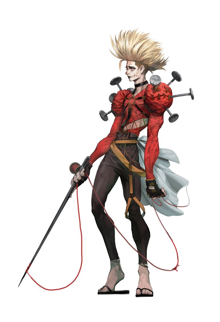 a digital illustration of a male anime character with blonde, spiky hair and a sharp, pointed weapon. he is wearing a red, white, and black outfit, with black sandals. he has a red string attached to his weapon that stretches across the ground. the character is standing and facing left in the image.