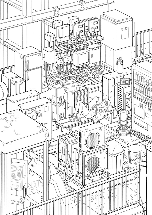 the image is a highly detailed, black and white line drawing in the style of anime or manga. it depicts an isometric view of a cluttered rooftop or back alley scene.  a young anime girl is resting on a bench amongst a complex array of industrial and technological equipment.  this includes air conditioning units, electrical boxes, wires, refrigerators, a vending machine, and various other unidentified machinery. the overall scene is densely packed, with many intersecting lines and details creating a sense of complexity and urban density. the style is highly detailed and precise, with a focus on the intricate network of machinery and the juxtaposition of the relaxed anime girl within this busy technological space.