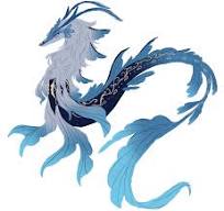 the image is an illustration of a blue sea serpent. the serpent is depicted in a side view, with its long, flowing body curled up slightly. it has a dragonlike head with horns and flowing white hair. the body of the serpent is a gradient of blue hues, with intricate patterns decorating its scales. the overall aesthetic of the illustration leans towards an ethereal and elegant representation of the mythical creature.