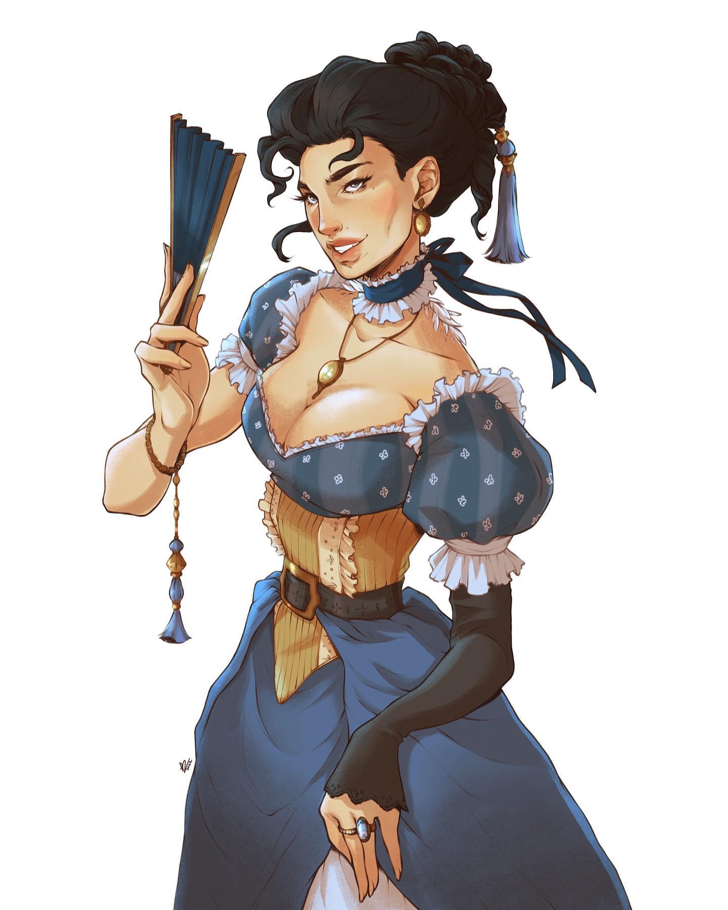 a digital painting of a woman, possibly a character from a fantasy western setting. she is depicted in a blue and gold corset dress, holding a hand fan. her expression is confident, and she is styled in a vintage or retro manner, reminiscent of the 19th century. the artwork is highly detailed and displays a glamorous and stylish aesthetic.