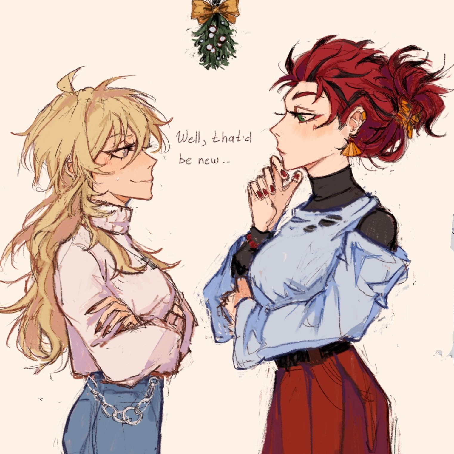 the image is a digital drawing or painting in an anime style.  it depicts two young women standing facing each other under a sprig of mistletoe. one woman has long, blonde hair, and is wearing a pale pink sweater and jeans.  the other woman has fiery red hair styled in a bun, wearing a light blue sweater with offtheshoulder detailing and a red skirt.  a speech bubble indicates a conversation, suggesting a romantic or flirtatious interaction between the characters. the art style is soft and slightly sketchy, with a focus on the characters' expressions and clothing. the overall mood is sweet and possibly suggestive of a romantic relationship.  a christmas theme is evident due to the presence of the mistletoe.