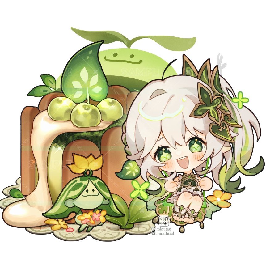 this is an illustration of a cute anime girl with green hair and leaves in her hair, sitting on a swing made of leaves and flowers. she is smiling happily and has a cake with green leaves and flowers behind her. the cake is decorated with white cream and green leaves. the girl is wearing a green dress with white flowers. she is surrounded by leaves and flowers, and the whole image is set against a white background.