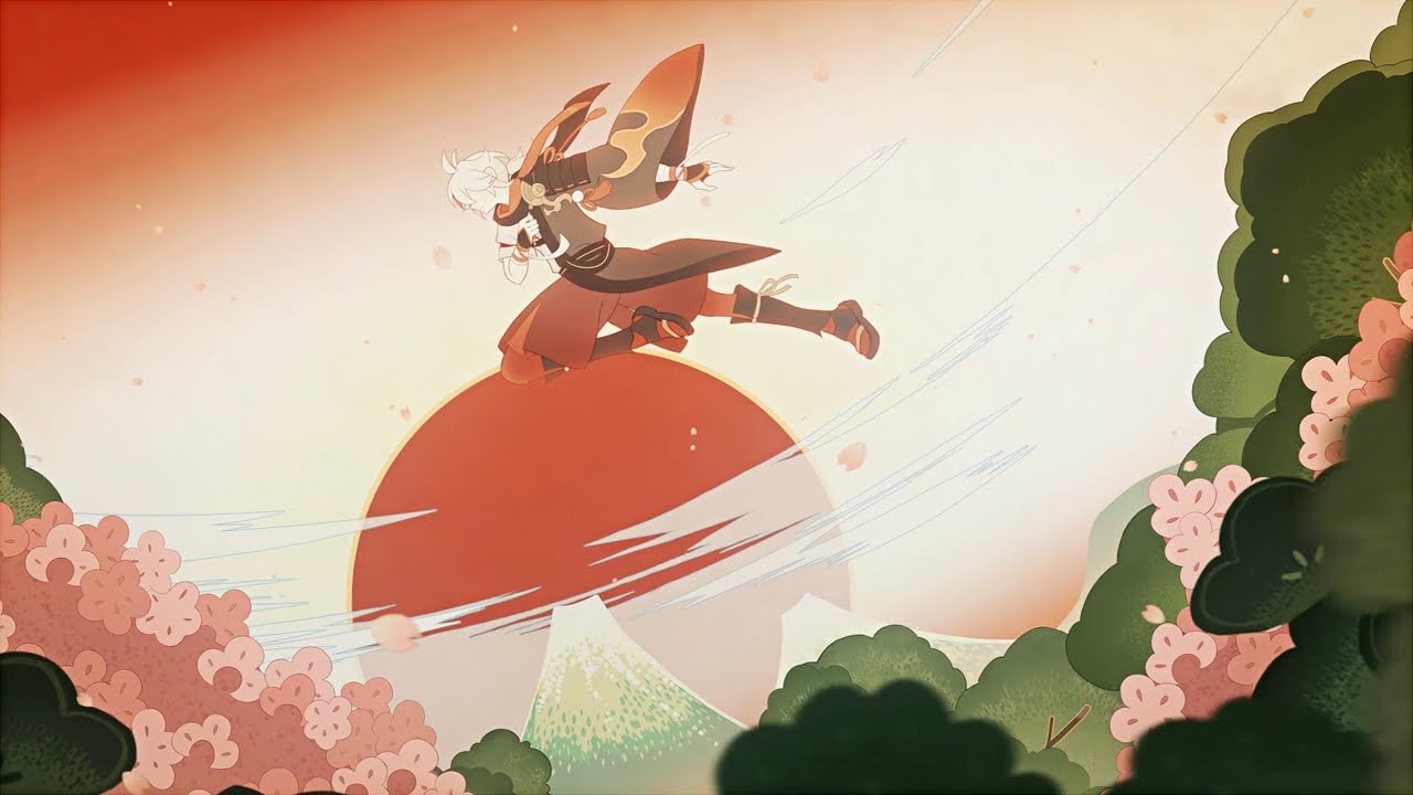 the illustration is of an anime boy with white hair in a red and black outfit, with a goldenred shawl or cape flying through the air above a mountain range with a large red sun setting behind them.  the boy is flying  in the wind and is surrounded by pink flowers.  the style is very stylized and clean.
