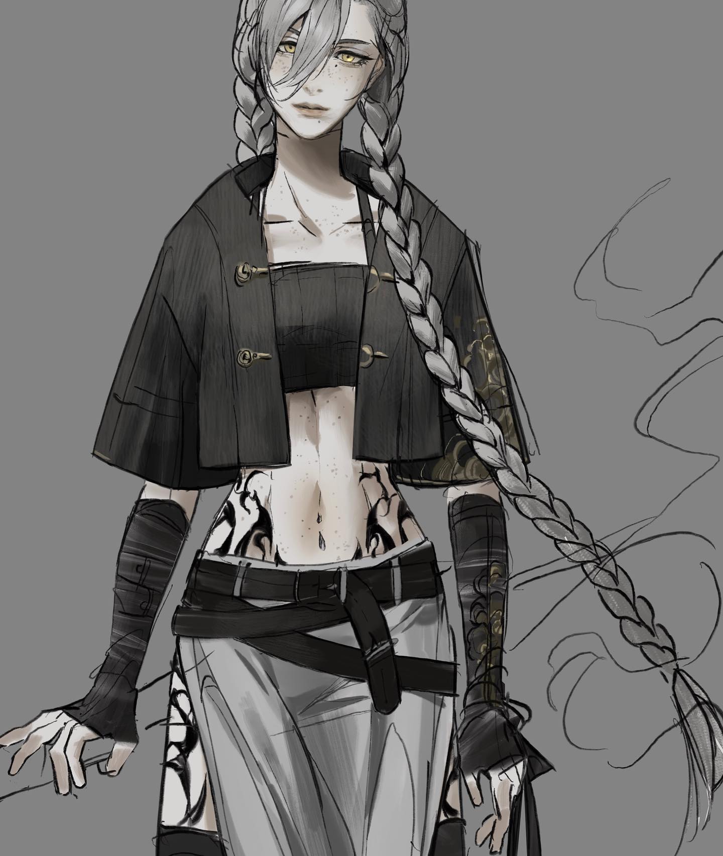 a grayscale sketch of a woman with long, braided silver hair. she is dressed in a stylized, slightly revealing outfit with a cropped jacket and baggy pants. she has intricate tribal tattoos on her arms and stomach.  she is posed with her hands on a surface, as if leaning against it. the image has a soft, slightly unfinished look due to the sketch style.