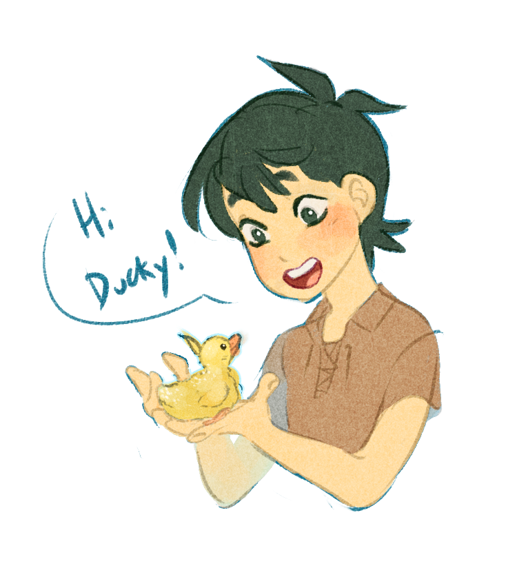 the illustration features a young boy with dark green hair styled in a bob cut, excitedly greeting a small yellow duckling he's holding in his hands. the boy has fair skin and is wearing a simple brown tunic. he has a joyful expression with wide, sparkling eyes and a big smile, conveying his delight in interacting with the fluffy duckling. a speech bubble above the boy reads, "hi, ducky!" in a playful font. the overall style is charming and whimsical, emphasizing the cuteness of both the child and the duckling.