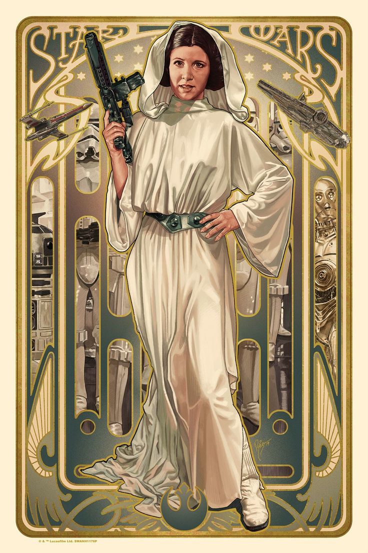 an art nouveau style poster of princess leia from star wars. she is holding a blaster and is surrounded by images of star wars icons like xwings, stormtroopers, and droids. the rebel alliance symbol is at the bottom of the poster.