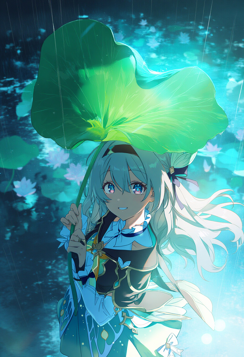 a lightskinned anime girl with white wavy hair and blue eyes smiles as she holds a large, bright green lotus leaf over her head as an umbrella. she is wearing a dark top with gold trim and a blue and green dress. the background is a pond with lotus flowers and it is raining. there is a light source in the lower right of the image.