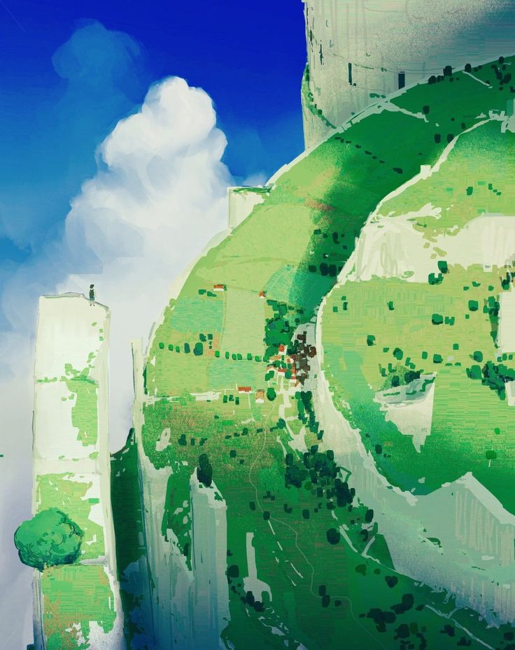 the image showcases a breathtaking, surreal landscape. a gigantic, grasscovered mountain dominates the scene, its sheer cliffs plunging down to unseen depths. patches of white stone break up the verdant slopes, hinting at the immense scale of the formation. a quaint village nestles amidst the greenery, its houses dwarfed by the surrounding nature.  a solitary figure stands on a narrow, jutting rock formation, seemingly gazing towards the sky. the vibrant blue sky is dotted with fluffy white clouds, casting soft shadows across the landscape. the overall impression is one of awe and wonder, capturing the beauty and grandeur of a fantastical world.