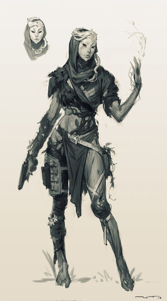 a digital sketch of a female warrior with vines growing on her limbs. she wears a hooded cloak and carries a pistol in her left hand.  there is a smaller sketch of her face above her shoulder.