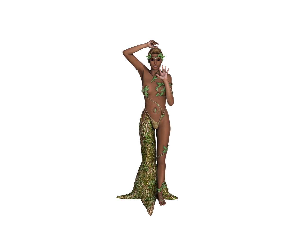 a digital art image depicts a woman dressed as a forest spirit or nature goddess. she has tan skin and is adorned with green leaves and vines that wrap around her body. she wears a leafy crown and minimal clothing, resembling a bikini made of natural materials. one leg is partially concealed by a mosscovered tree trunk that seems to merge with her lower body, forming a kind of gown. her right arm is raised with her hand open towards the viewer. the background is solid black.