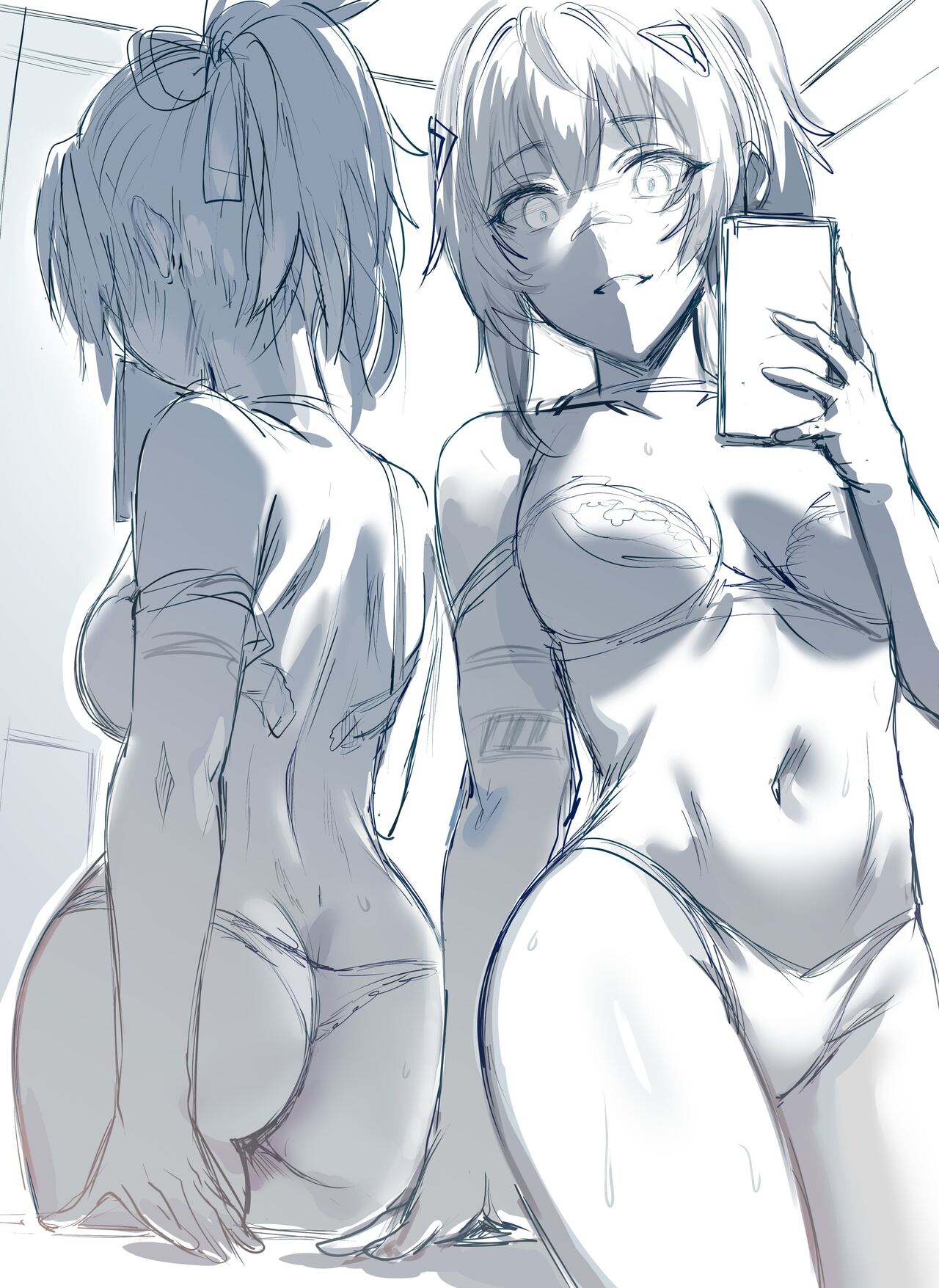 the image is a sketchstyle drawing of two animestyle girls. one girl is taking a selfie with a phone, revealing a partially visible body in lingerie. the other girl is positioned behind her, her back is turned to the viewer, and she is also wearing underwear. the drawing style is loose and suggestive, with shading and line work that emphasizes the bodies of the characters.  the setting appears to be a private space, like a bathroom or bedroom, implied by the simple background. the overall mood is intimate and slightly suggestive.