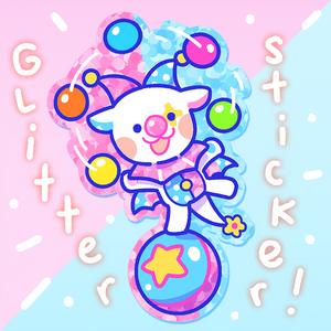 the image features a cute, kawaiistyle illustration of a dog dressed as a clown. the dog is juggling colorful balls and is surrounded by glitter and pastel colors. the text "glitter sticker!" is written around the image. the overall style is whimsical and playful, with a focus on bright, cheerful colors and a cute, cartoonish aesthetic. the image is likely intended to be used as a sticker or other decorative element.