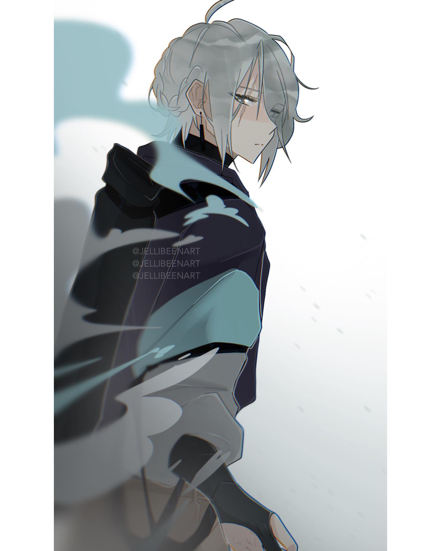 a digital art portrait depicting an anime boy with white hair. he wears a dark hoodie and seems sad as he stands against a snowy backdrop.  his clothing features blue accents, and the overall color scheme is muted blues and greys. the art style is soft with a focus on backlighting.
