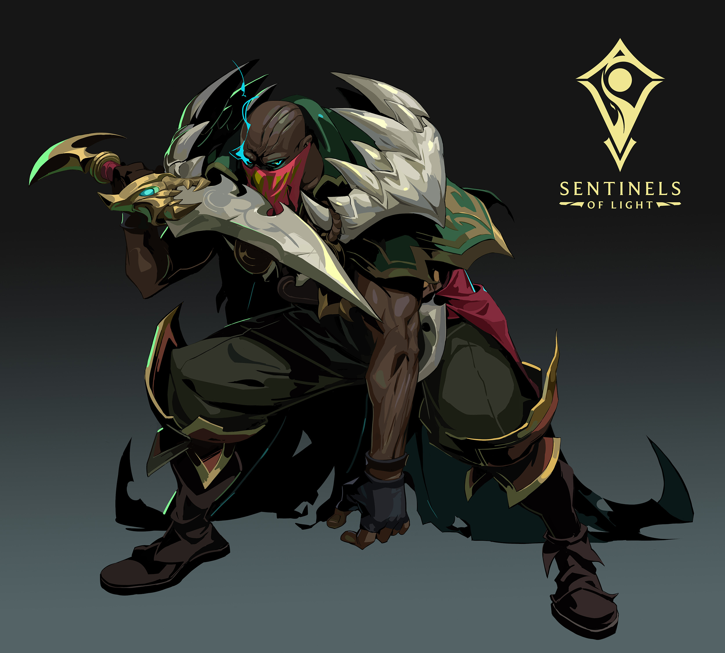 the image is a stylized digital painting of a male character from the "sentinels of light" event in the video game league of legends. he appears to be a darkin, a powerful, ancient race of beings. the character is depicted in a crouched fighting stance, holding a large curved blade. he wears dark clothing and armor with hints of gold and red accents. his face is partially concealed by a dark mask, and glowing blue energy is visible around his eyes.  the character's design is detailed and dynamic, with strong lines and shadows contributing to his imposing presence.  in the upper right corner is the "sentinels of light" logo.