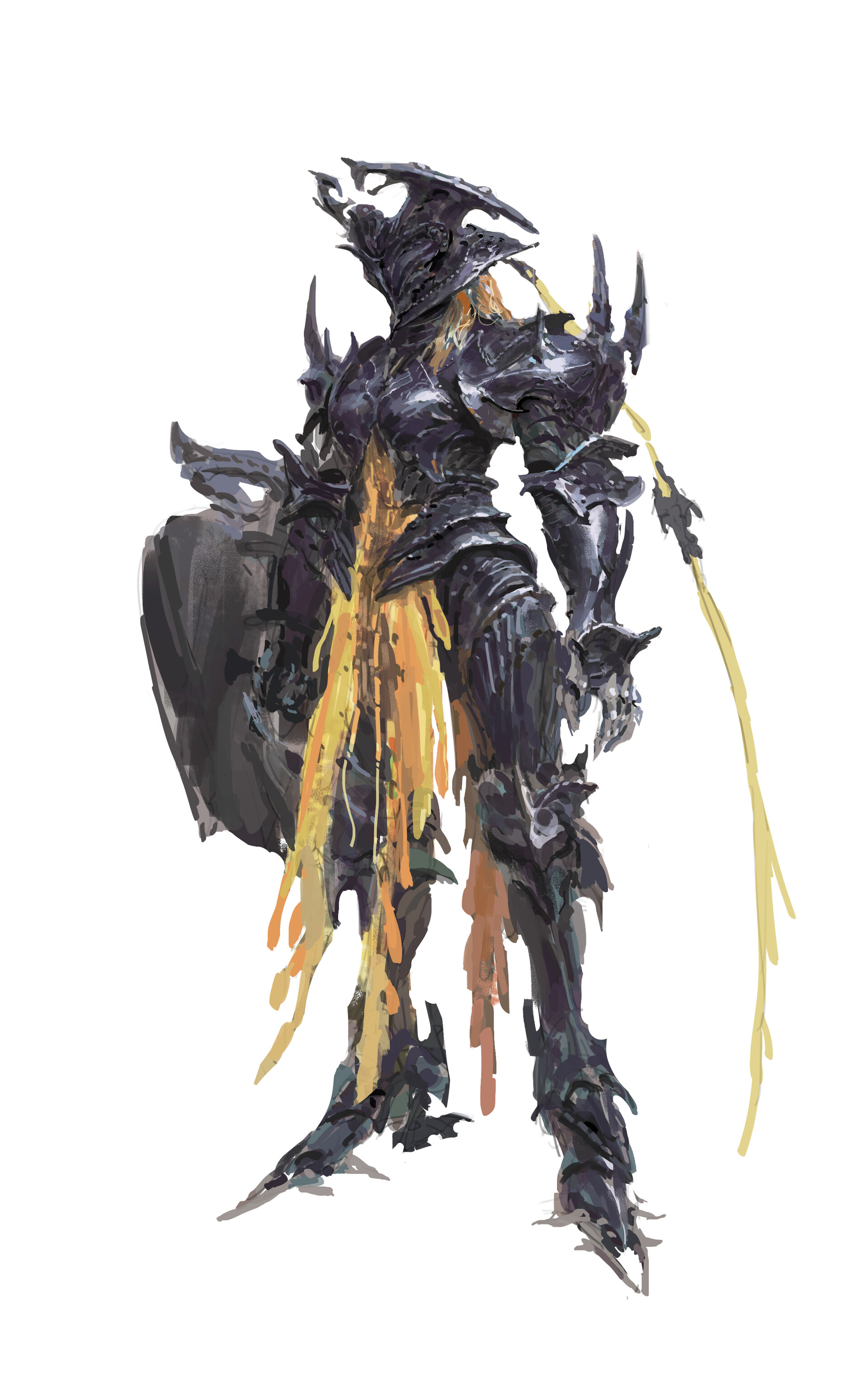 the image showcases a digital painting of a female dark knight. she is clad in intricately detailed, spiky black armor with tattered yellow cloth hanging from the waist and trailing down the legs.  the armor is dark and gothic in style, with sharp edges and points. she carries a shield on her left arm.  the painting style is loose and painterly, with visible brushstrokes, giving a sense of movement and energy. a long, flowing yellow streamer trails behind her.  the overall impression is one of dark fantasy and a powerful, mysterious warrior.