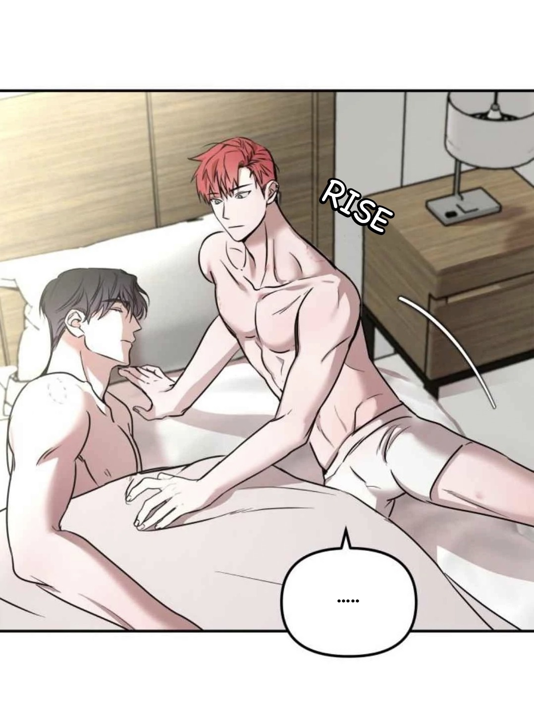 the image is a panel from a manhwa (korean comic) depicting two young men in bed together.  one man with red hair is sitting up, shirtless, and wearing only underwear.  he is caressing the other man, who is lying down, also shirtless. the scene is intimate and suggestive, showing affection between the two characters.  the background shows a bedroom with a nightstand and lamp. a speech bubble with the word "rise" is visible, suggesting the time of day. another speech bubble with ellipses indicates a pause or unspoken thought. the overall style is typical of a yaoi/bl manhwa.