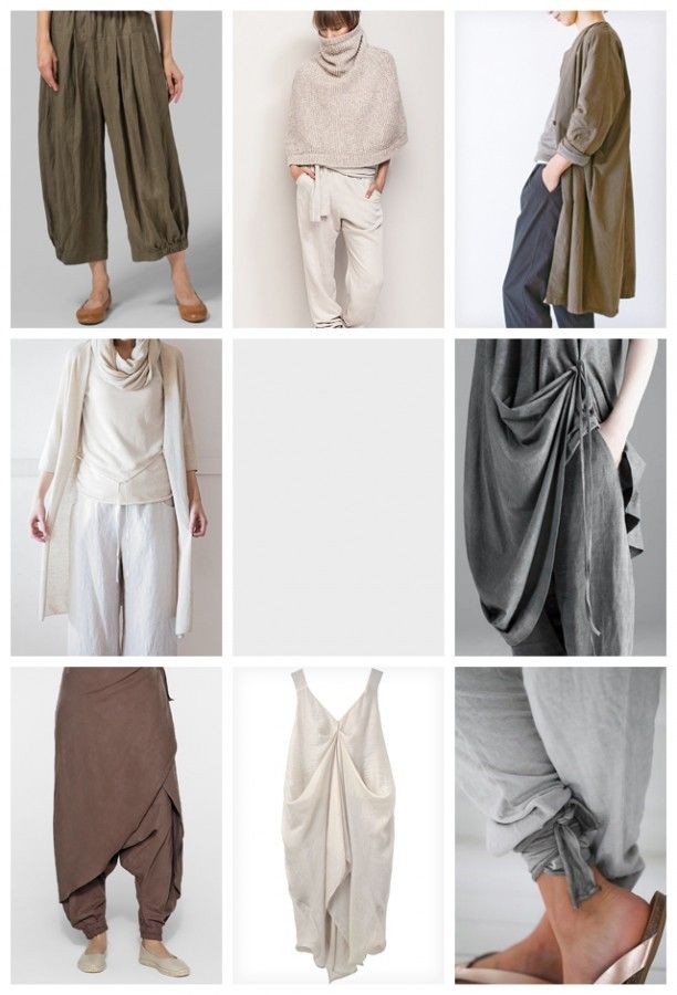 the image is a collage of nine individual photos displaying various items of clothing in neutral tones, featuring loosefitting pants, tops, and dresses made from natural fabrics like linen. the style is relaxed and bohemian, with draping, layering, and tie details.