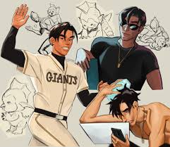 this image is a character design sheet featuring three men in various poses. one is dressed in a baseball uniform, another is wearing sunglasses and a chain, and the third is shirtless. the background features rough sketches of other figures. the art style appears to be influenced by comic books or graphic novels.