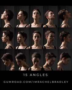 the image is a photographic collage showcasing a woman's face from 15 different angles. set against a dark background, the woman maintains a neutral expression throughout, her features highlighted by soft studio lighting. each image in the collage captures a unique perspective of her head and shoulders, offering a comprehensive study for artists or anyone interested in facial structure and posing. the overall tone of the image is artistic and informative, serving as a visual resource for understanding the nuances of portraiture.